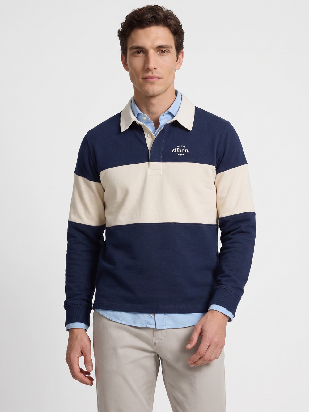 Relaxed fit sweatshirt with polo collar, navy blue block