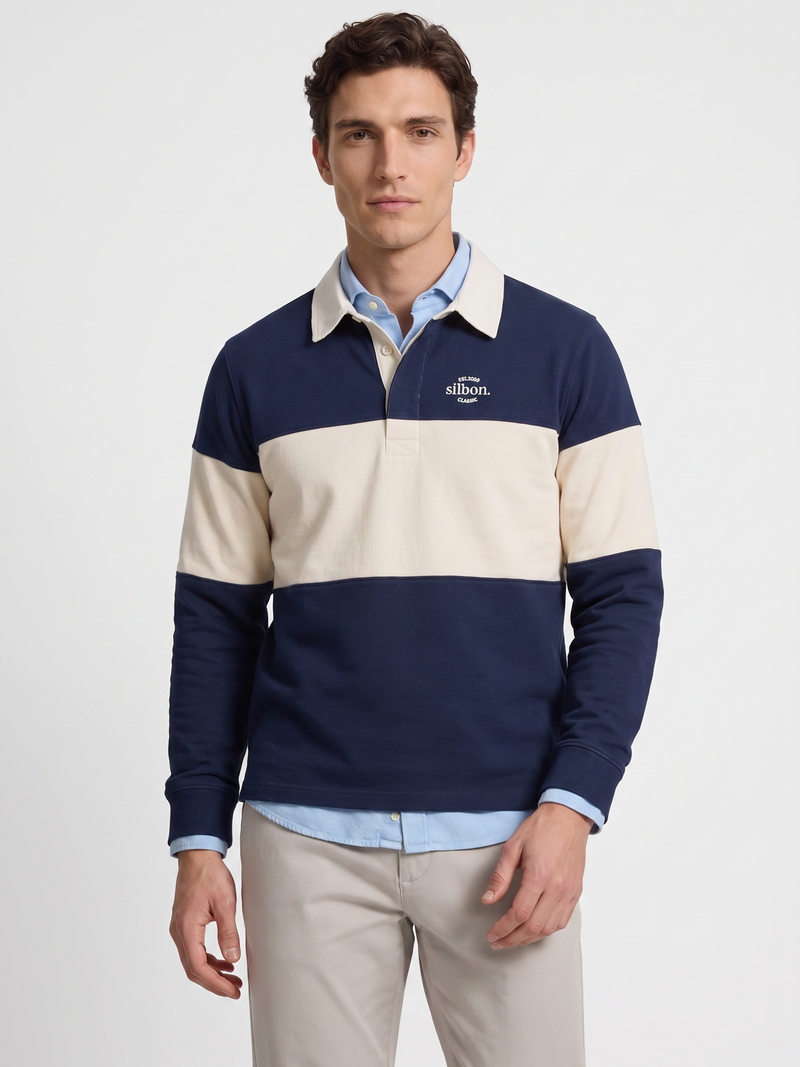 Sweat-shirt coupe décontractée col polo bloc bleu marine
