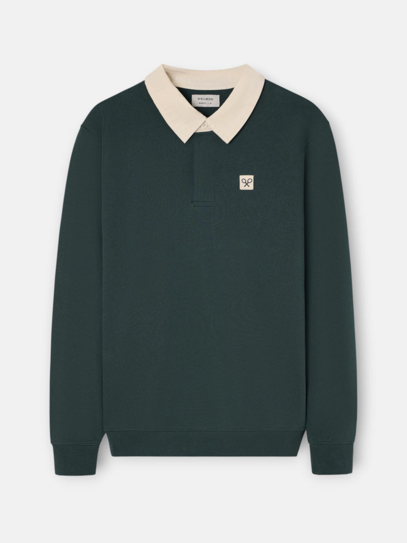 Sweat-shirt col polo patch vert foncé