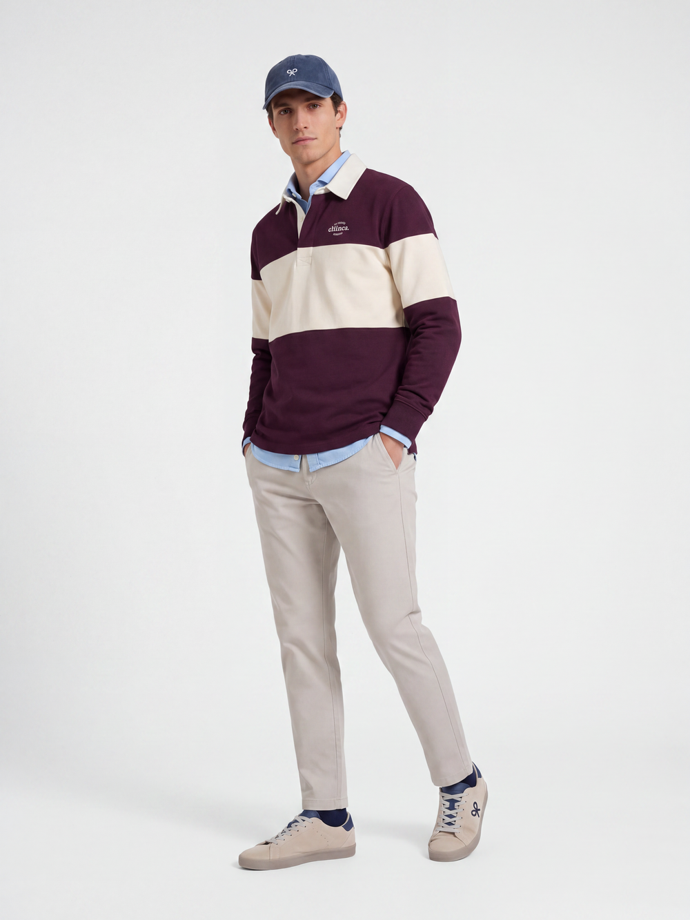 Relaxed fit sweatshirt with burgundy block polo collar
