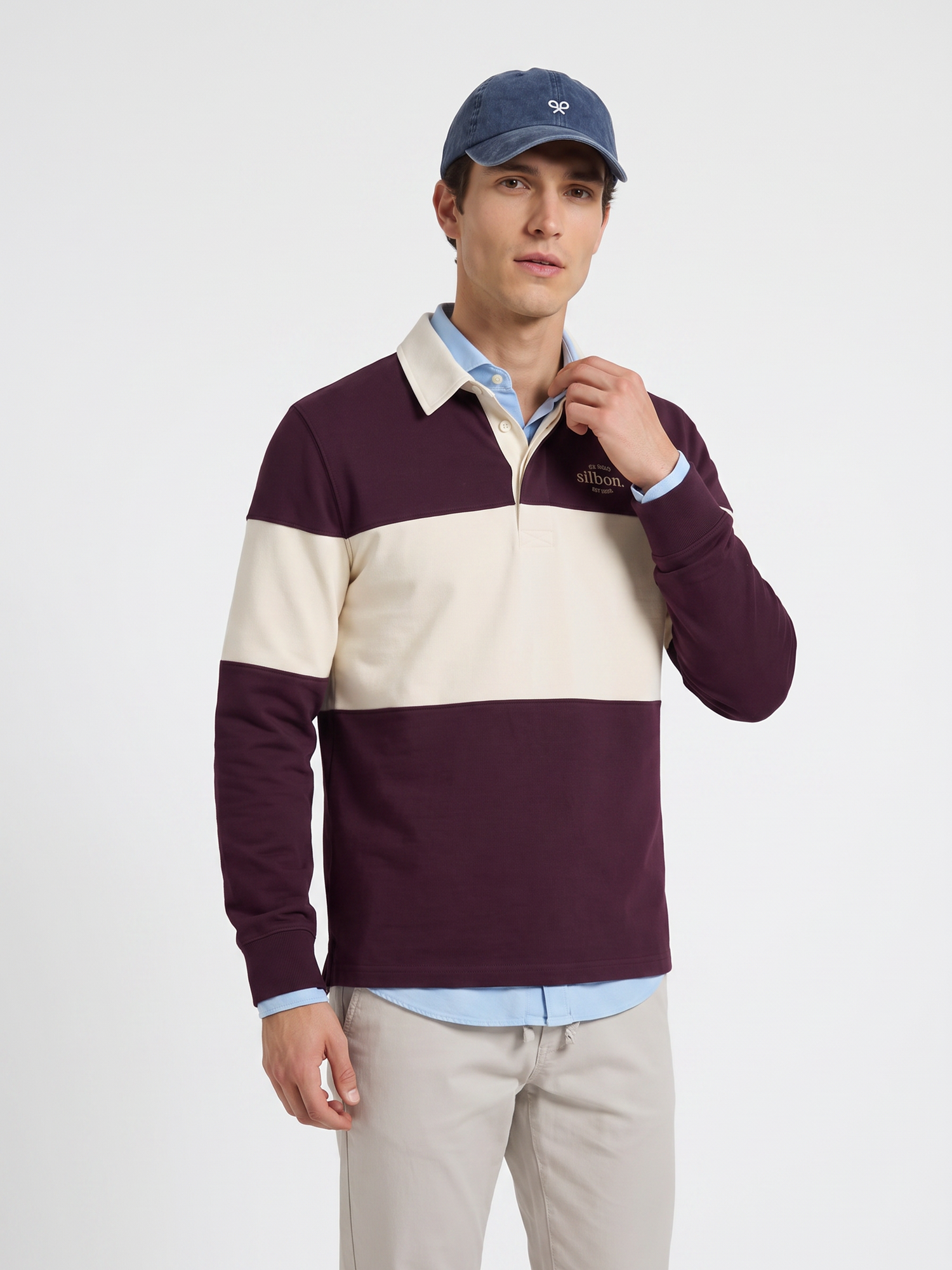 Sweatshirt relaxed fit gola polo bloco bordô