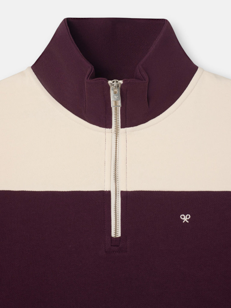 Sudadera media cremallera raya ancha burdeos