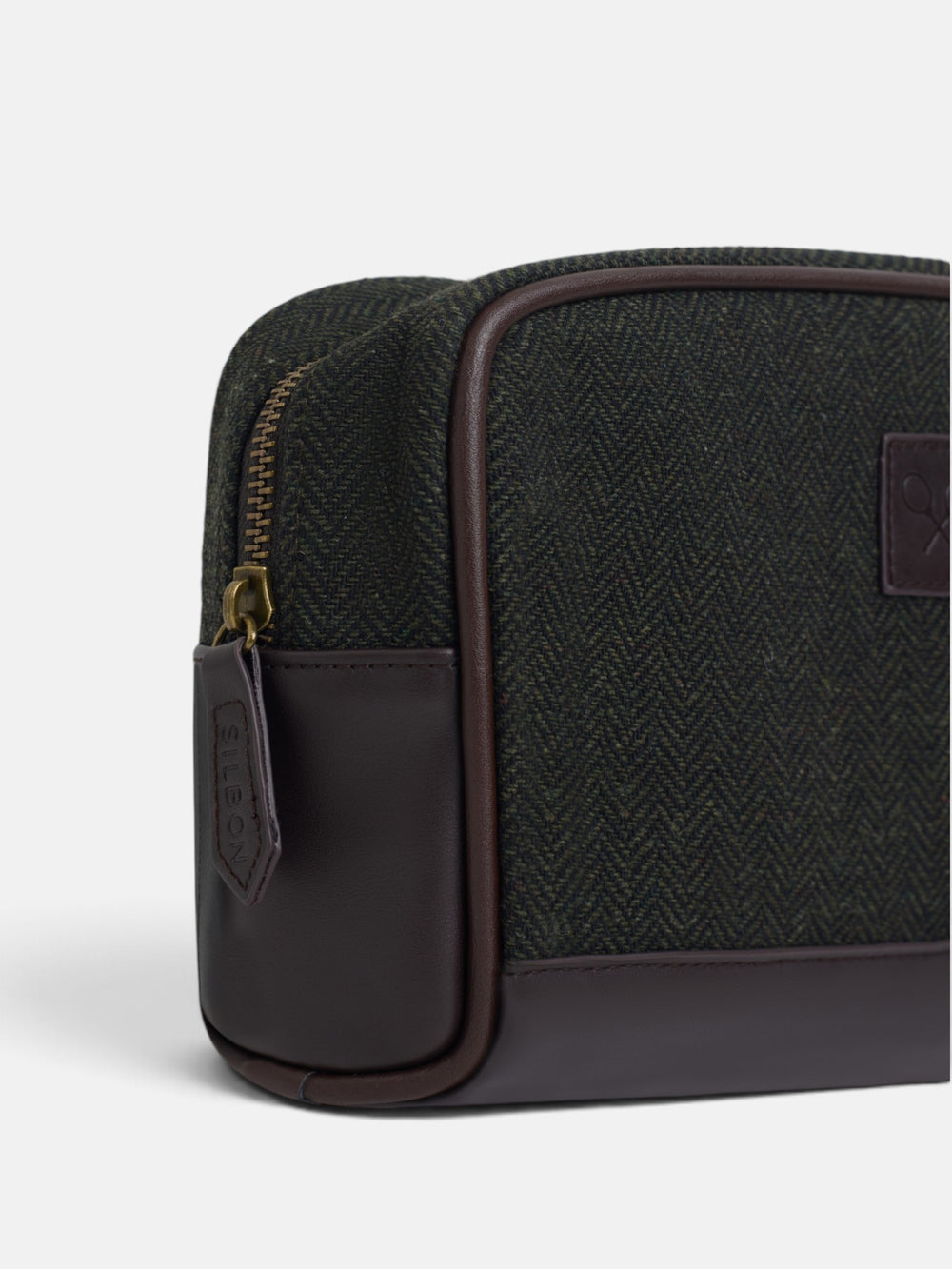 Green herringbone fabric toiletry bag