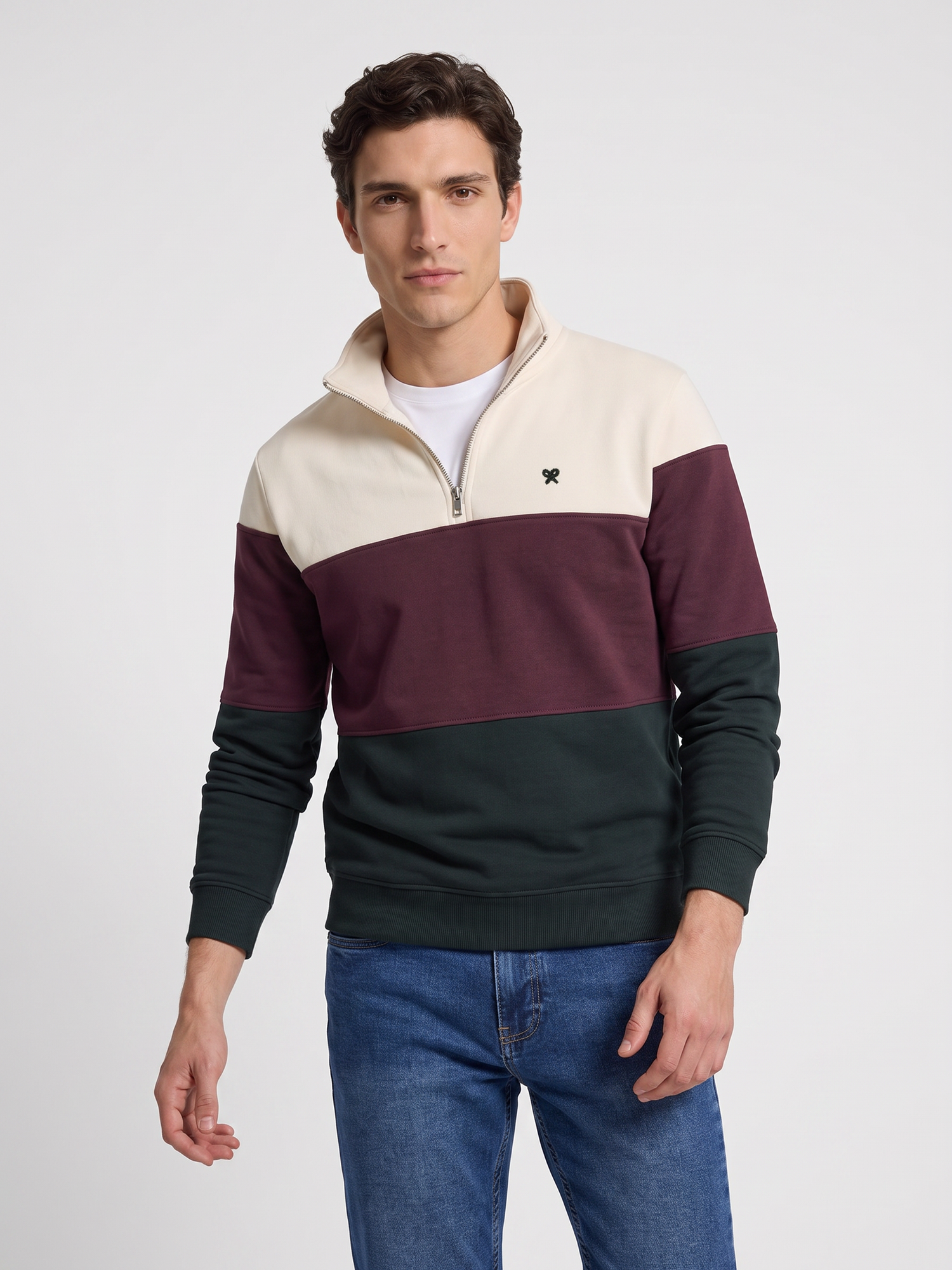 Sweatshirt meia fecho blocos verde