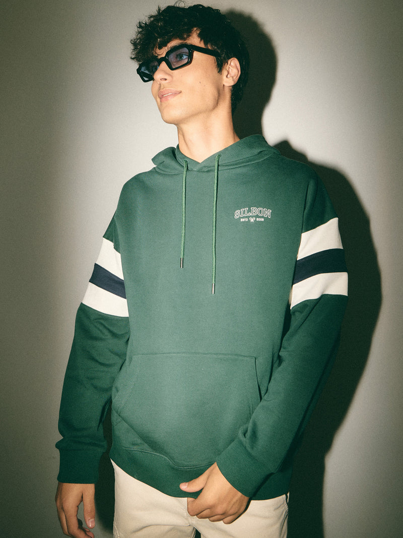 Sudadera capucha relaxed franjas verde oscuro