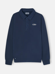Worn navy blue polo neck sweatshirt