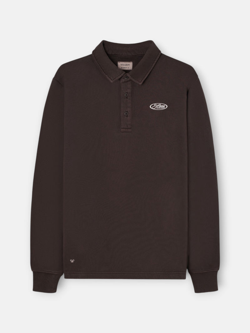 Worn brown polo neck sweatshirt