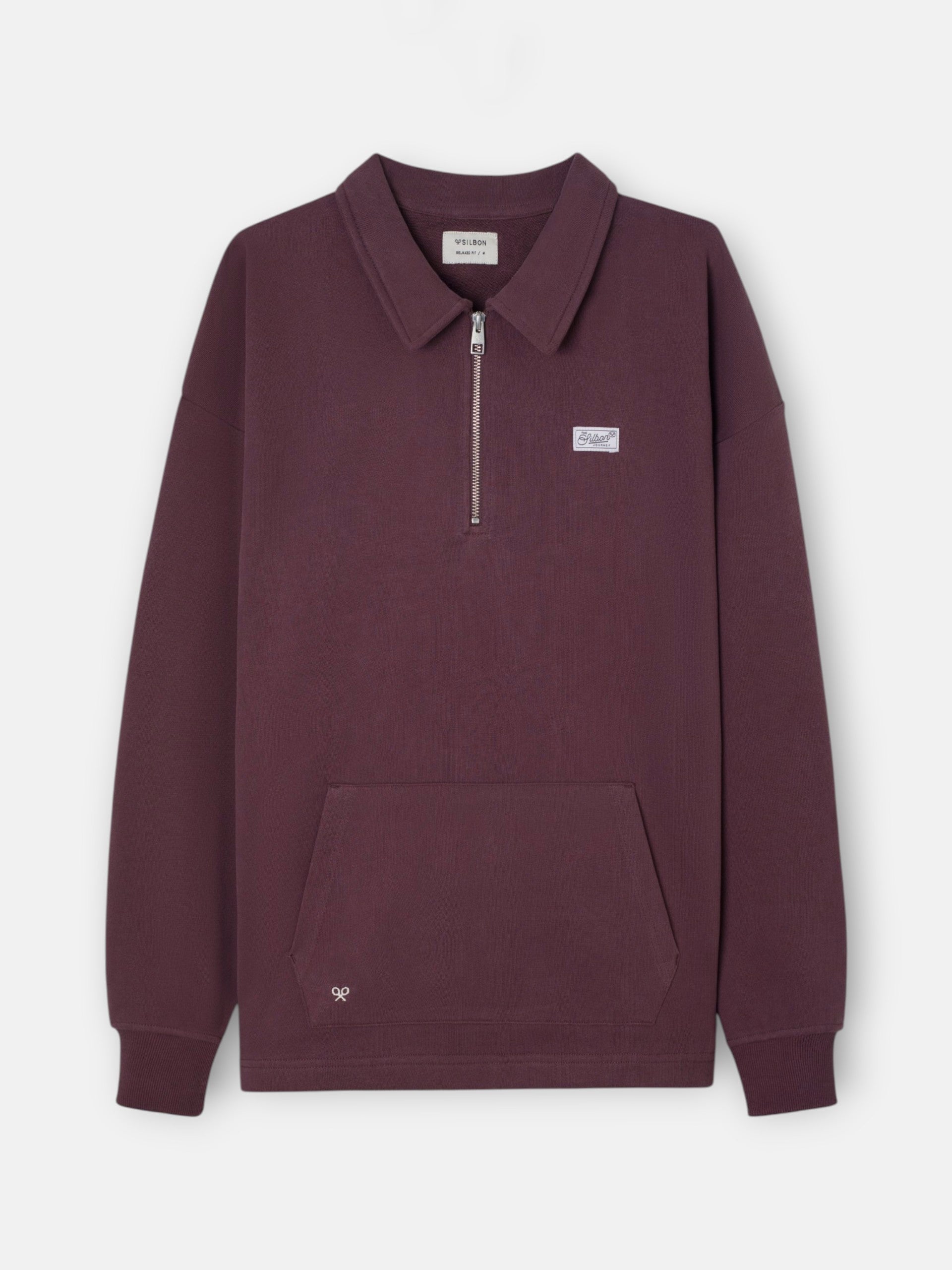 Sweatshirt relaxed fit meia fecho etiqueta bordô