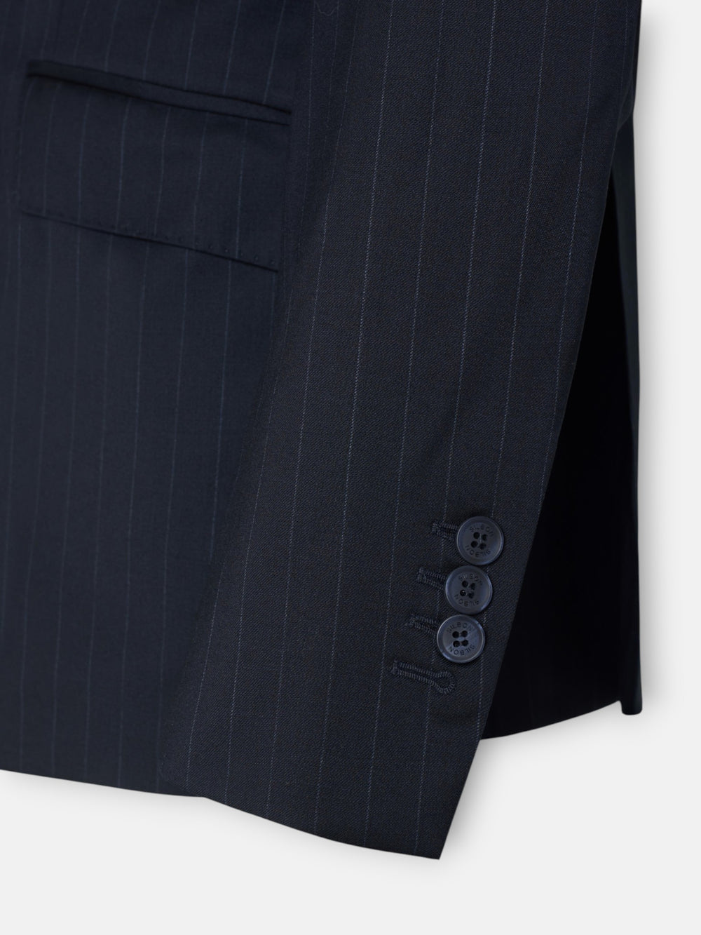 Navy blue pinstripe double-breasted suit jacket