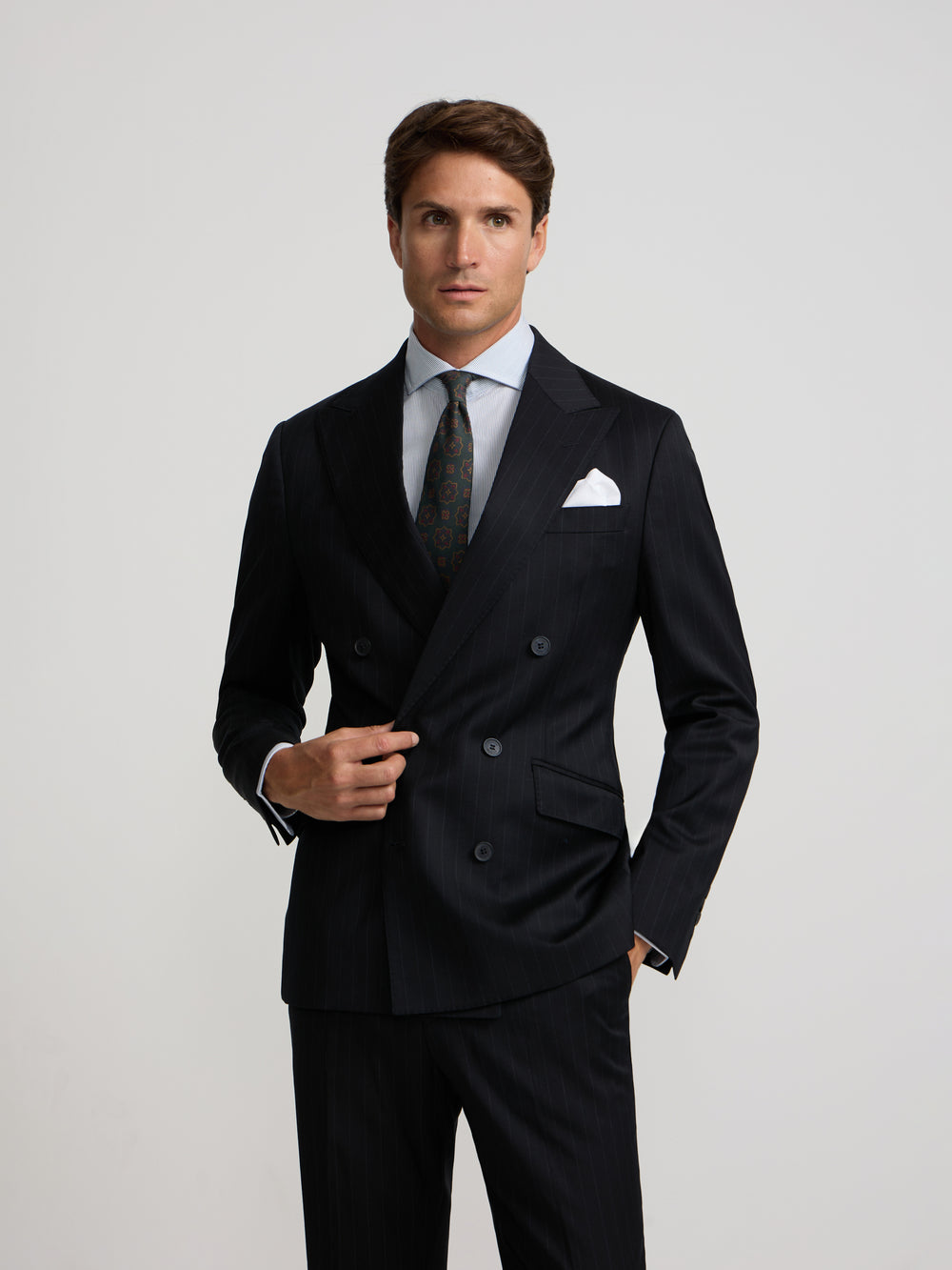 Navy blue pinstripe double-breasted suit jacket