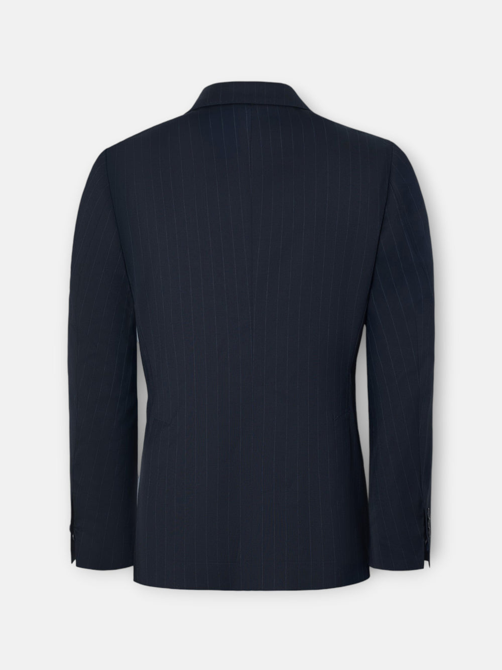 Navy blue pinstripe double-breasted suit jacket