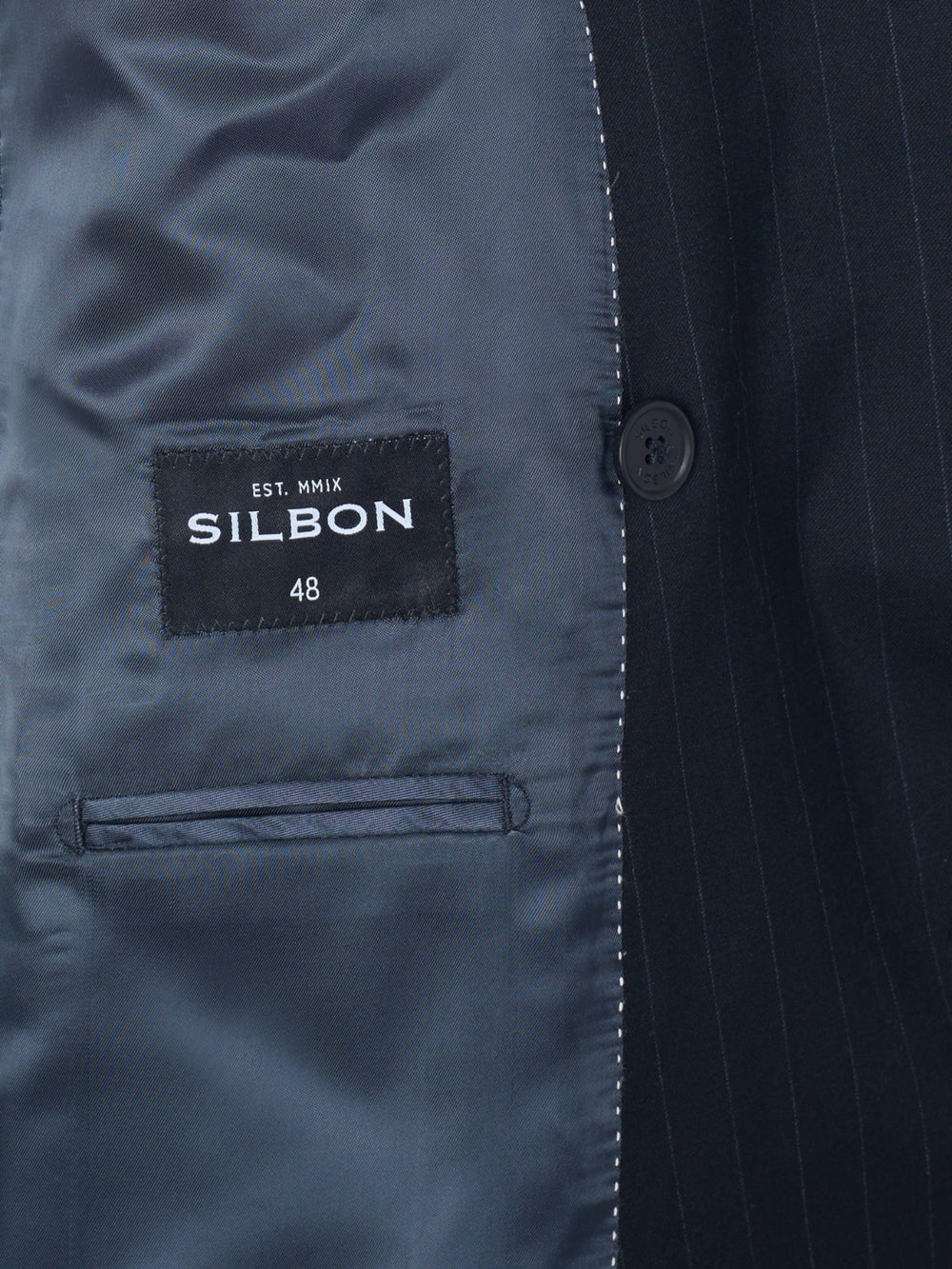 Navy blue pinstripe double-breasted suit jacket