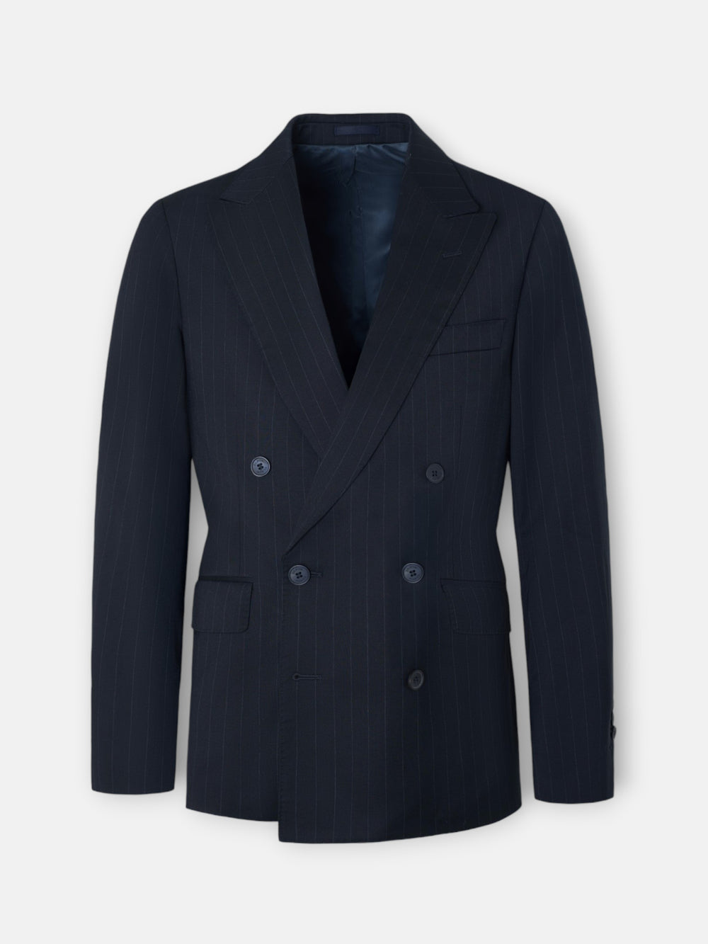 Navy blue pinstripe double-breasted suit jacket