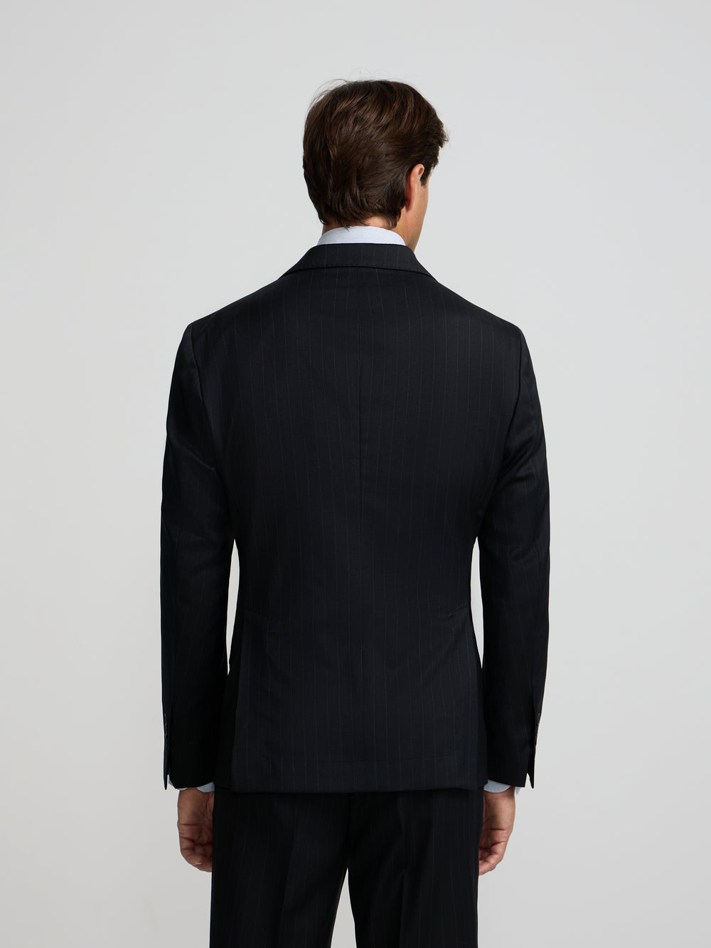 Navy blue pinstripe double-breasted suit jacket