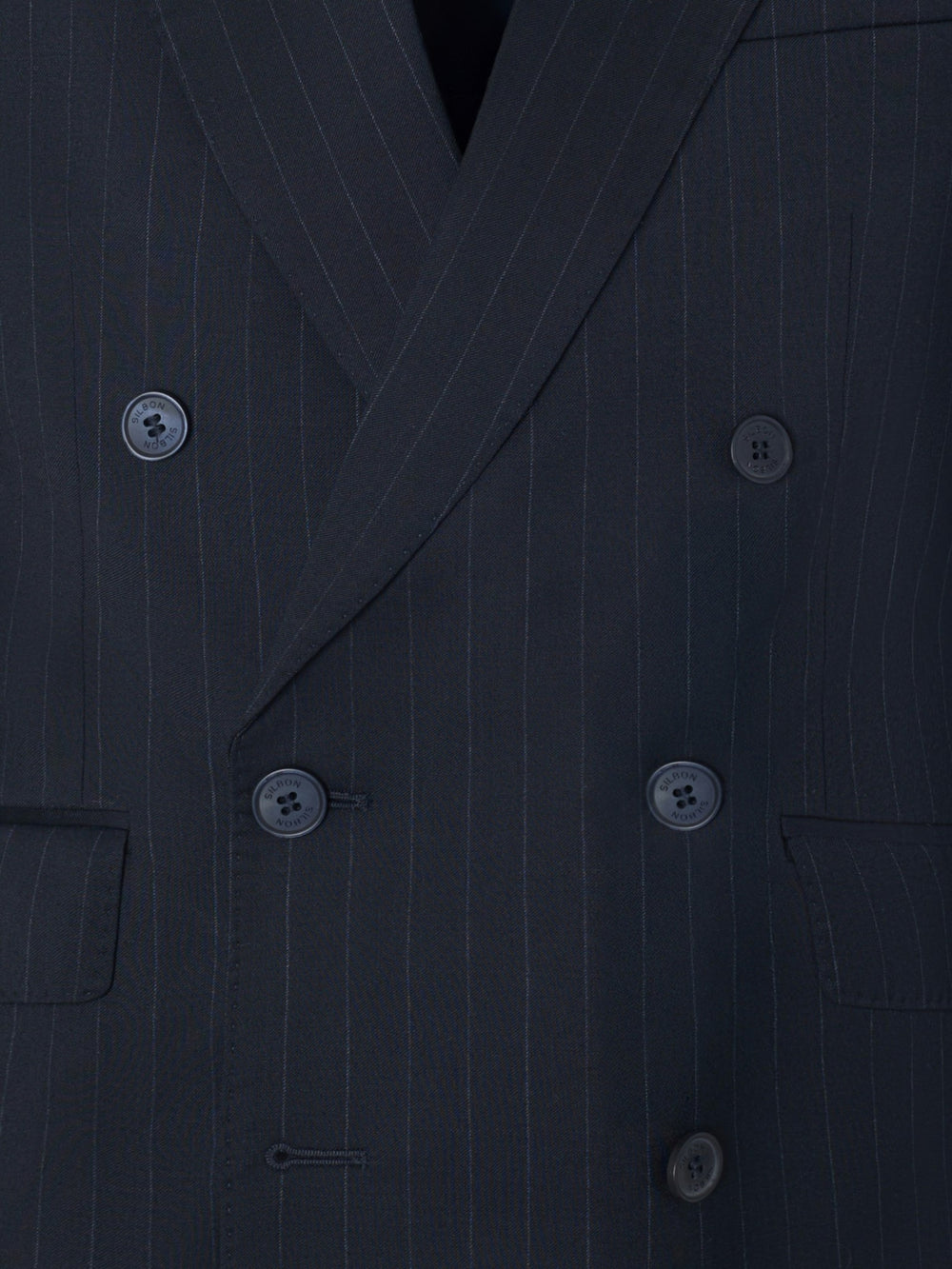 Navy blue pinstripe double-breasted suit jacket