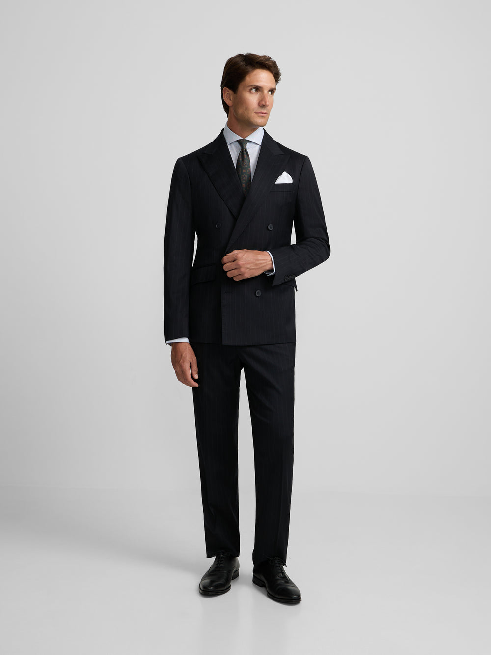 Navy blue pinstripe double-breasted suit jacket