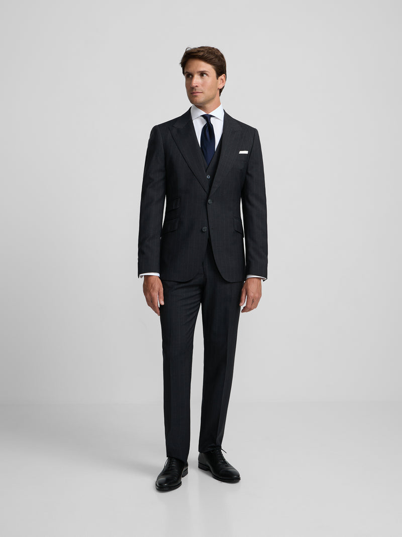 Blazer de fato risca de giz cinzento