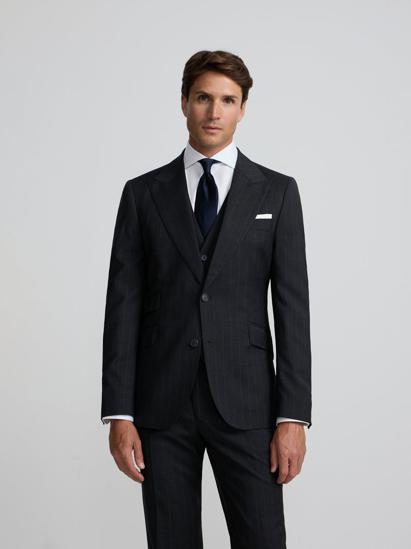 Blazer de fato risca de giz cinzento