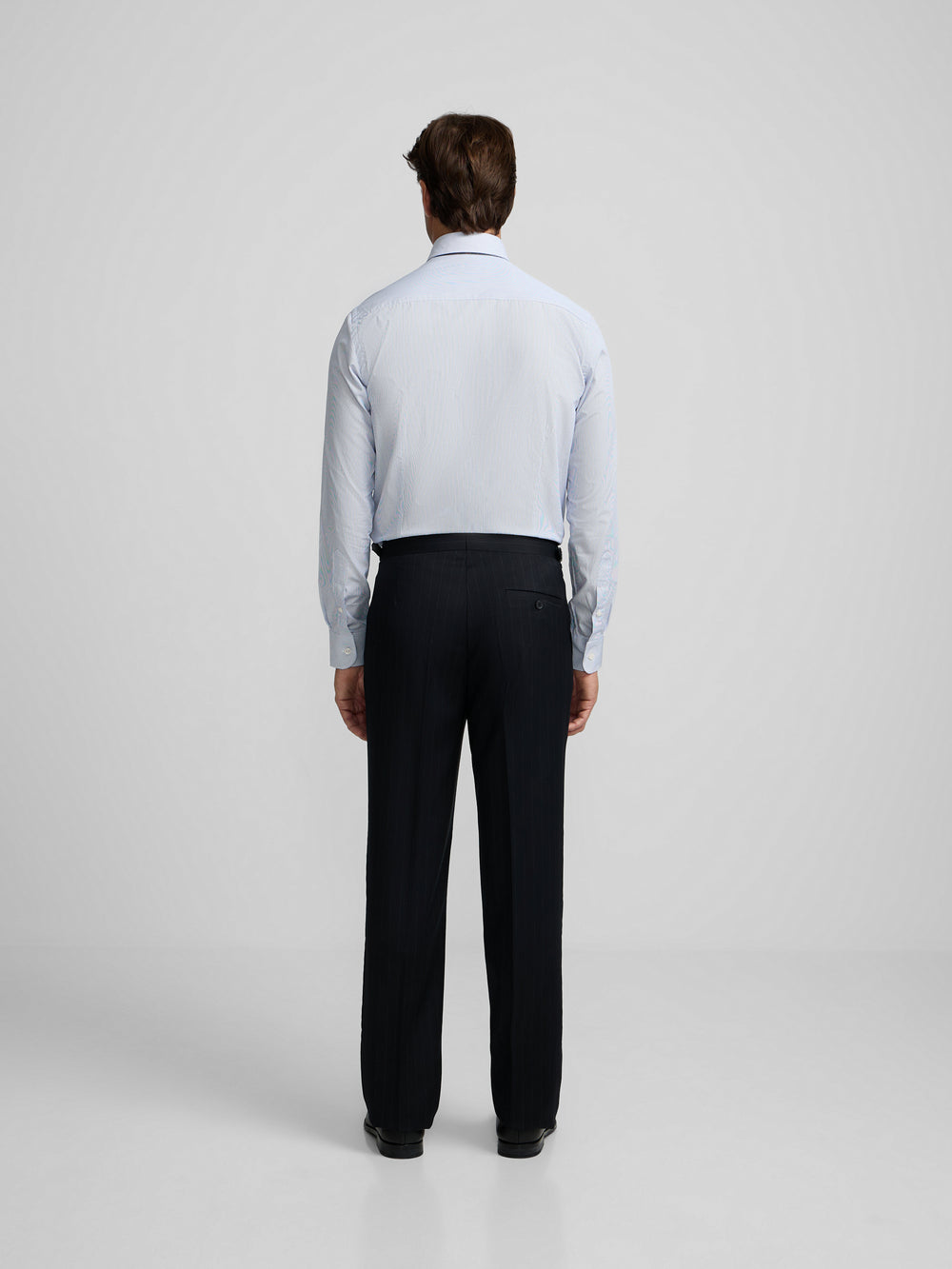 Navy blue pinstripe double-breasted suit trousers