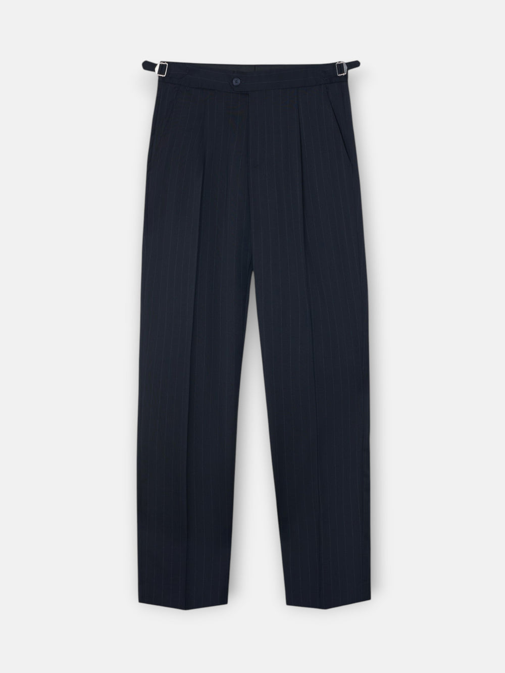 Navy blue pinstripe double-breasted suit trousers