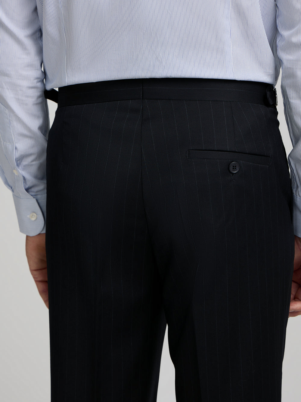 Navy blue pinstripe double-breasted suit trousers