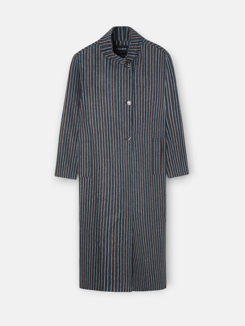 Manteau long à col cheminée rayé bleu