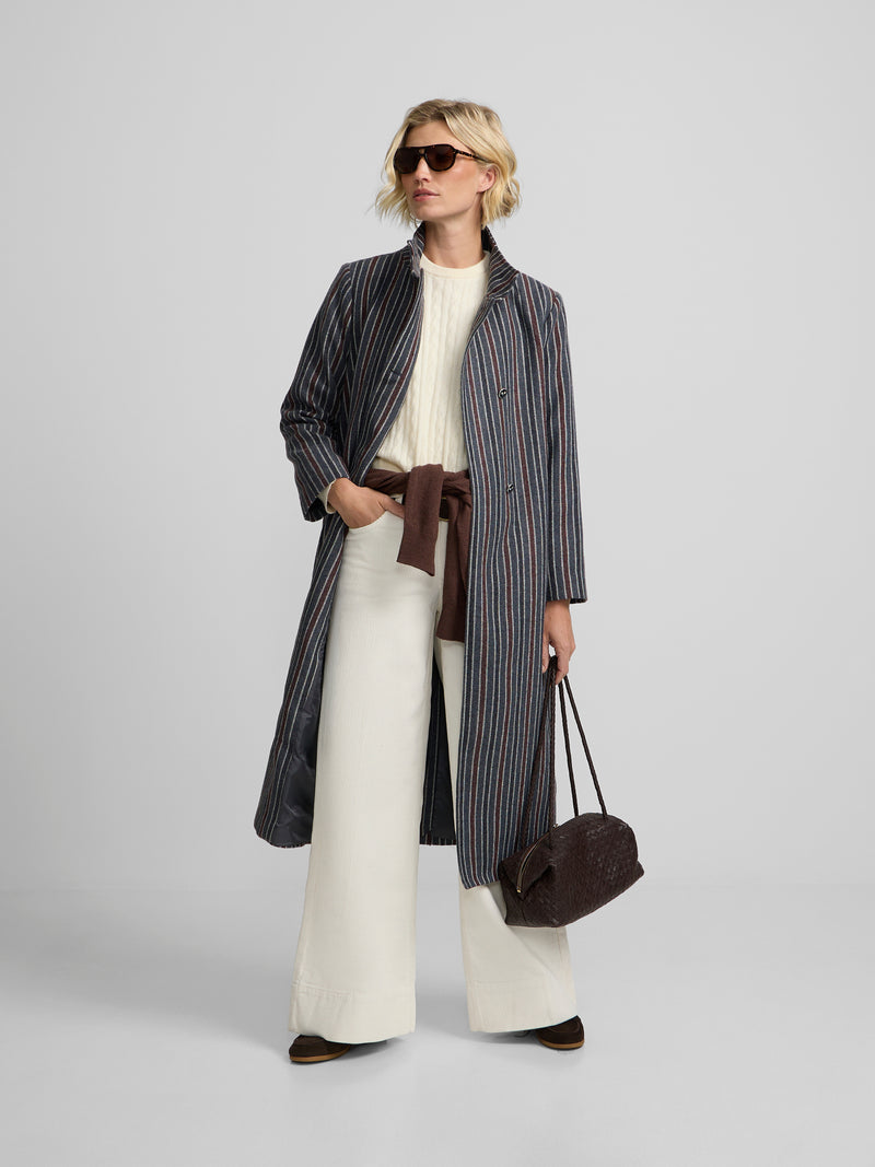 Manteau long à col cheminée rayé bleu