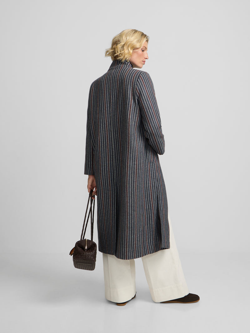 Manteau long à col cheminée rayé bleu