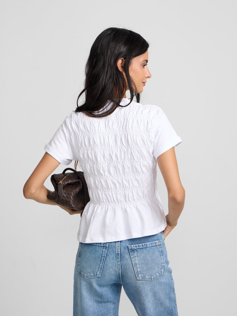 White smocked knit women's t-shirt