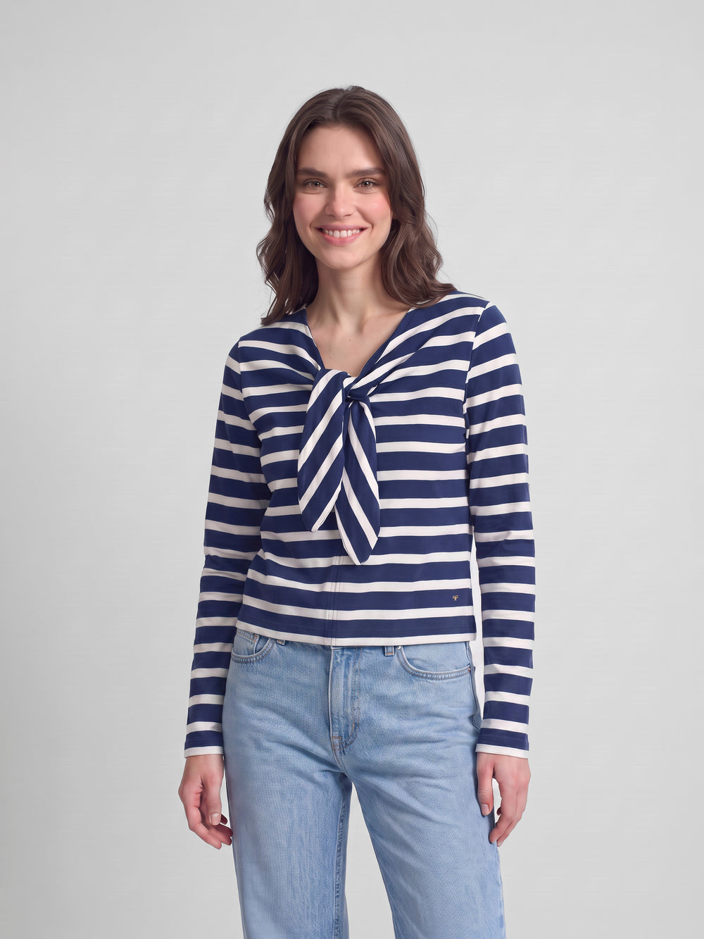 Camiseta mulher laço riscas azul-marinho