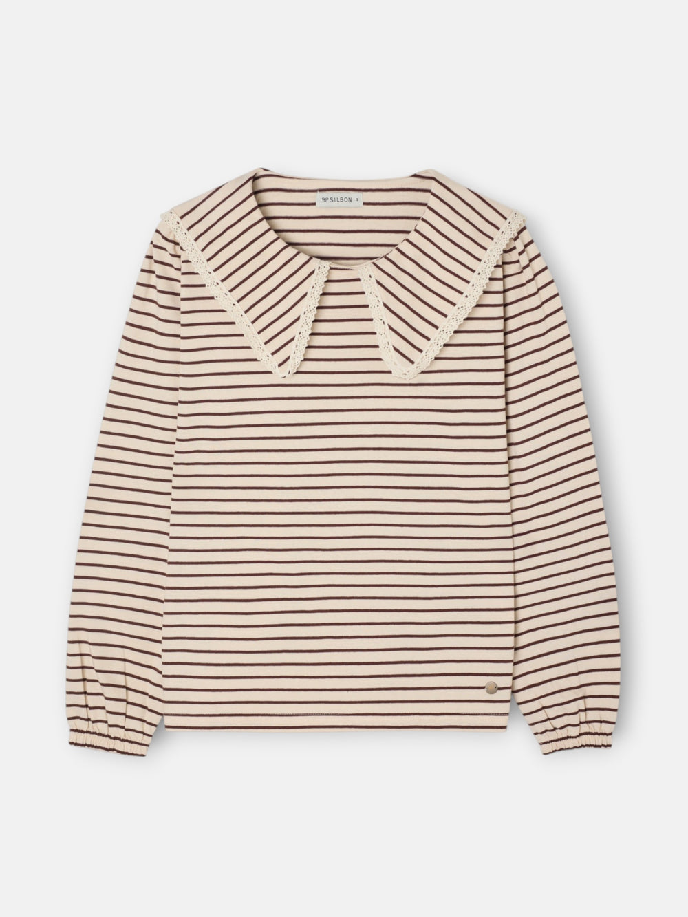 Long-sleeved T-shirt with camel striped Peter Pan collar