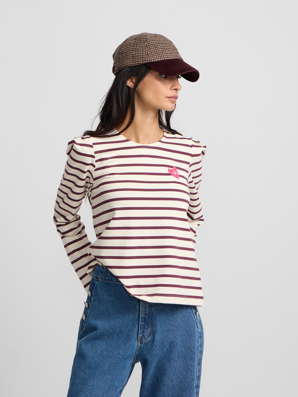 T-shirt femme à manches longues bouffantes rayées bordeaux