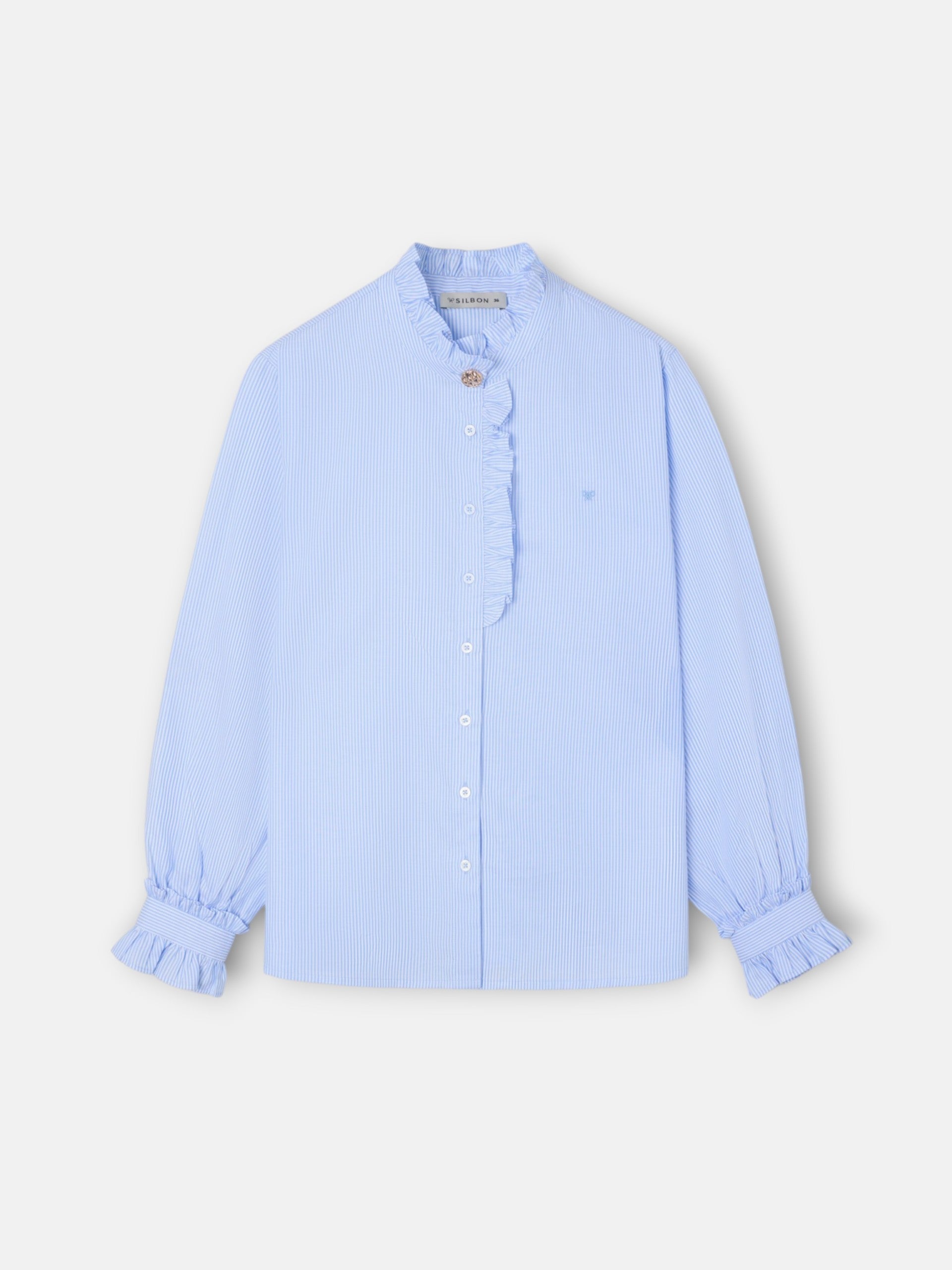 Camisa cuello volante detalle puño rayas celeste