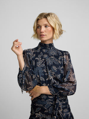Blusa manga lazada estampado flores azul