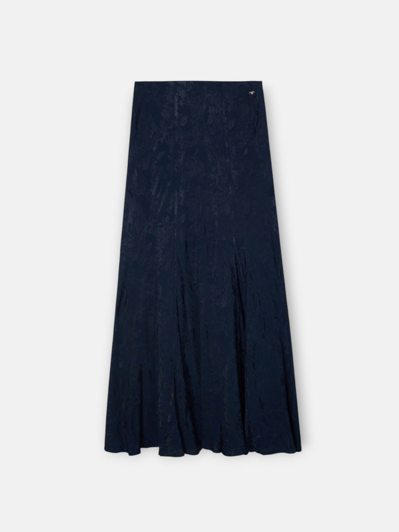 Navy blue jacquard flared midi skirt