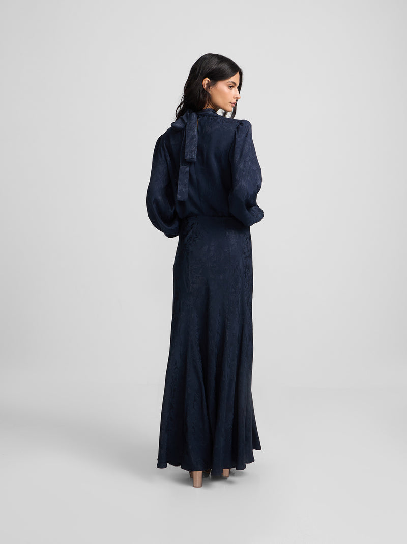 Navy blue jacquard flared midi skirt