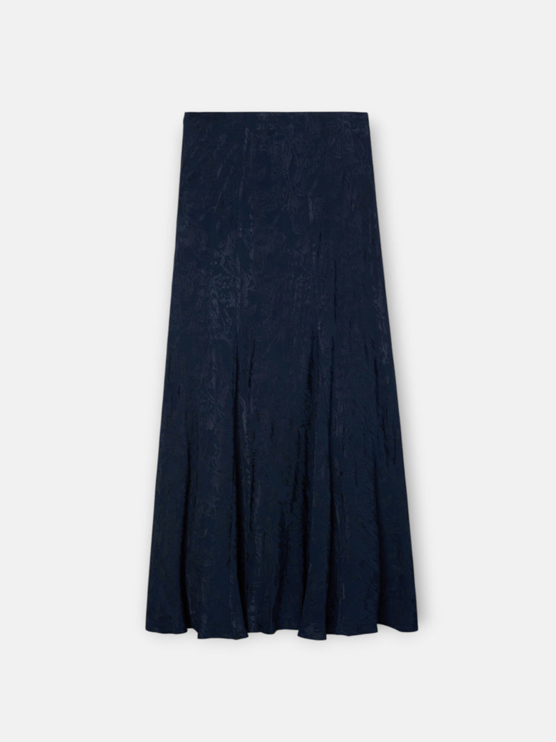 Navy blue jacquard flared midi skirt
