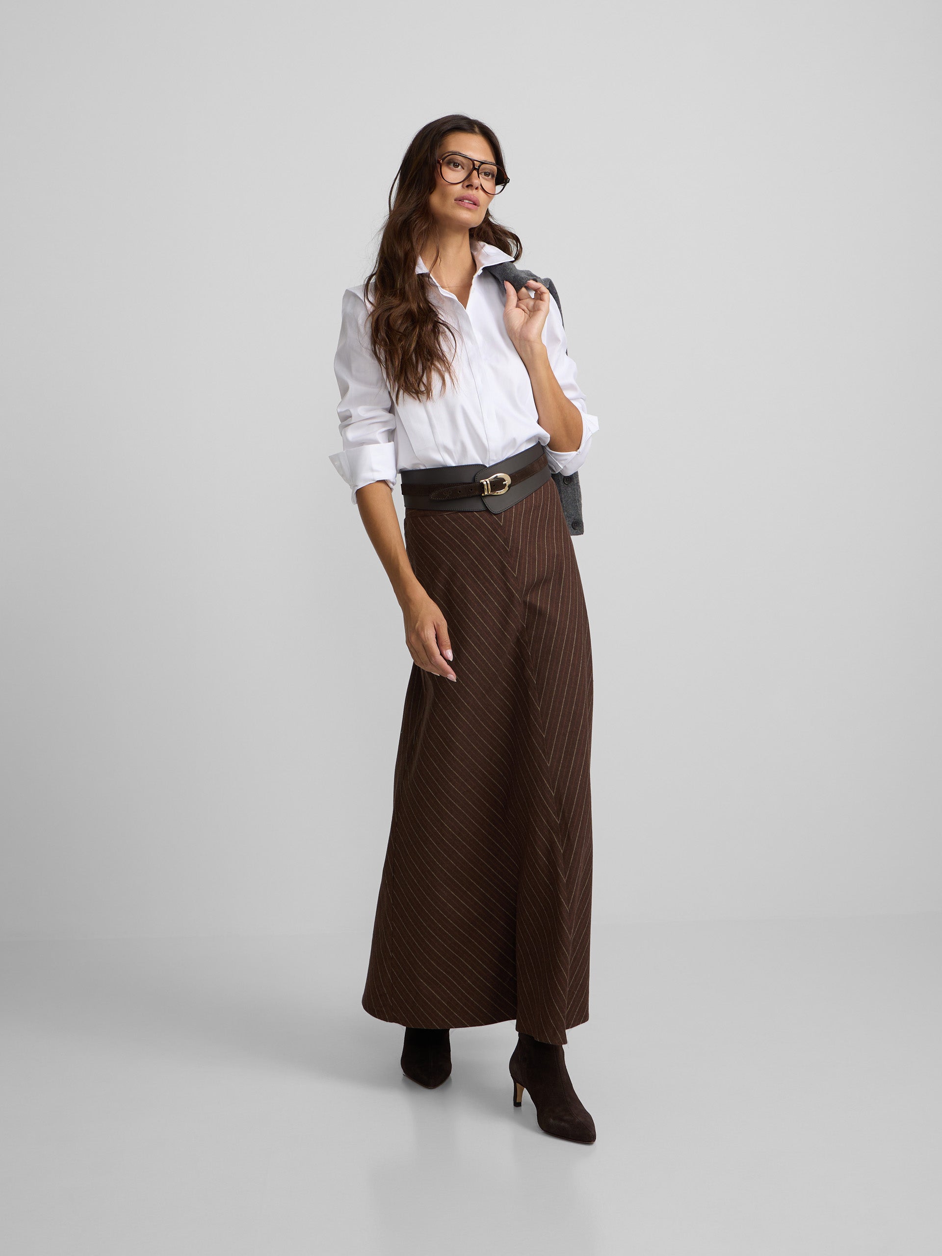 Falda midi evase rayas marron