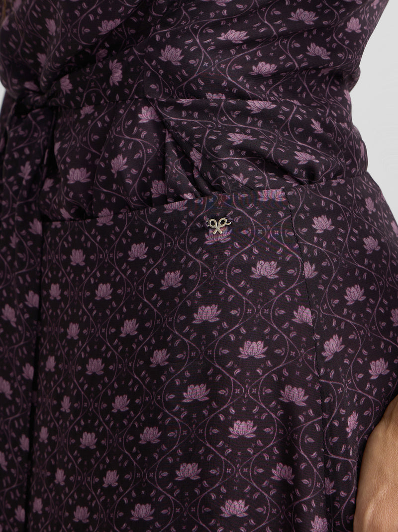 Midi skirt with purple print and tie