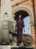 Midi skirt with central draping burgundy flowers