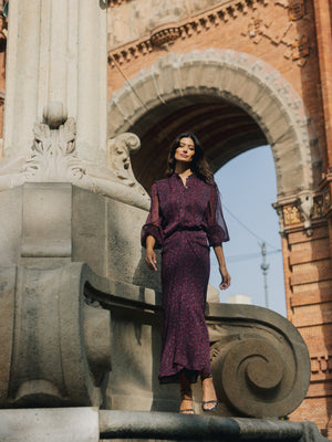 Midi skirt with central draping burgundy flowers