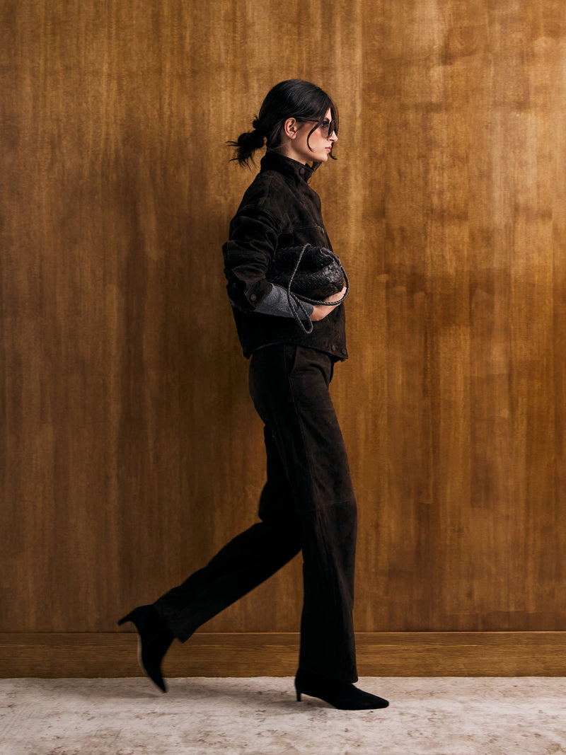 Brown suede pleated trousers