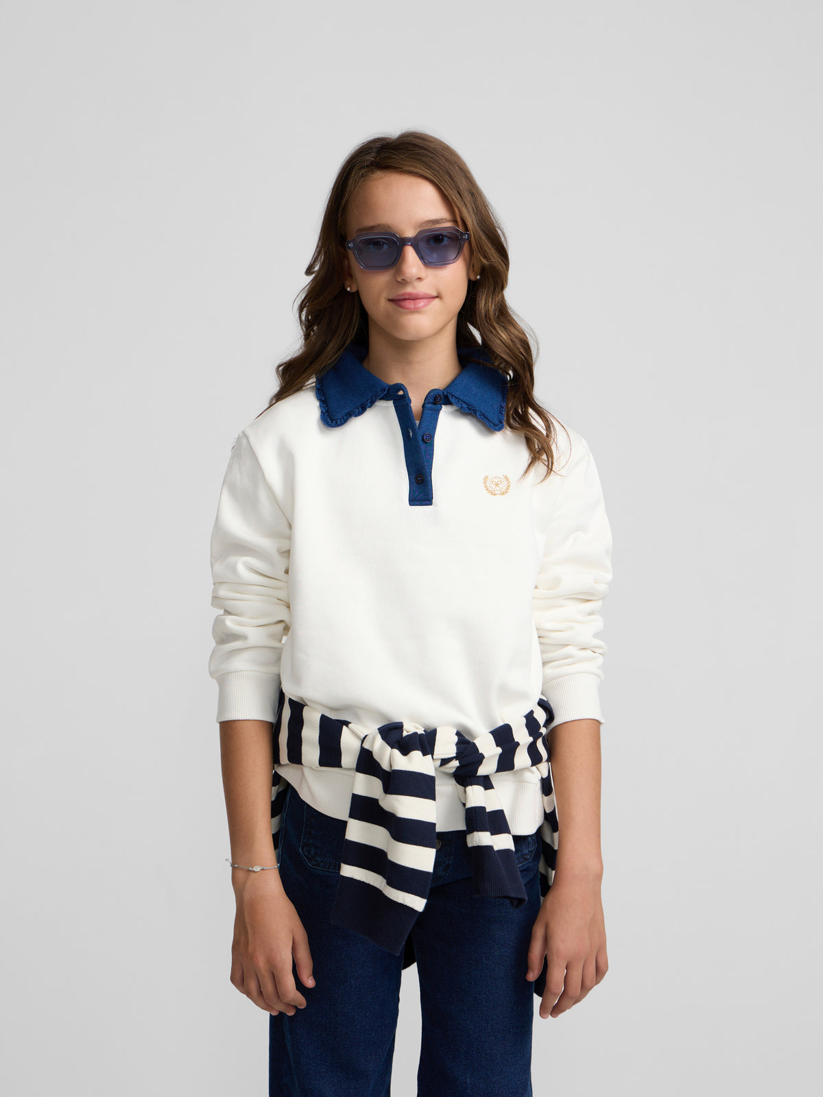 Sweat-shirt fille col polo beige