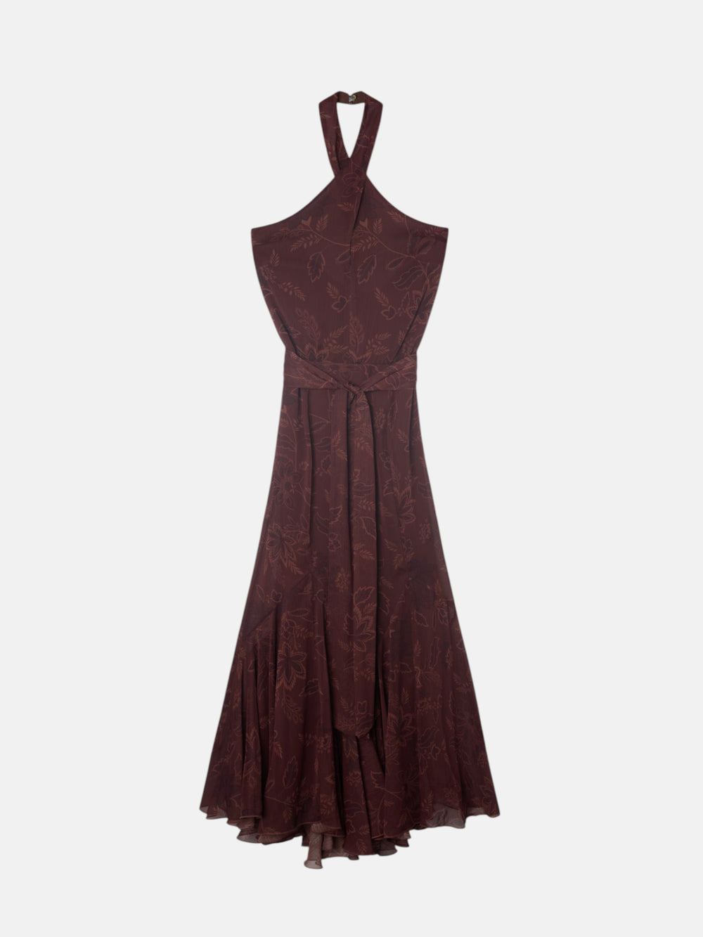 Vestido estampado castanho com decote halter