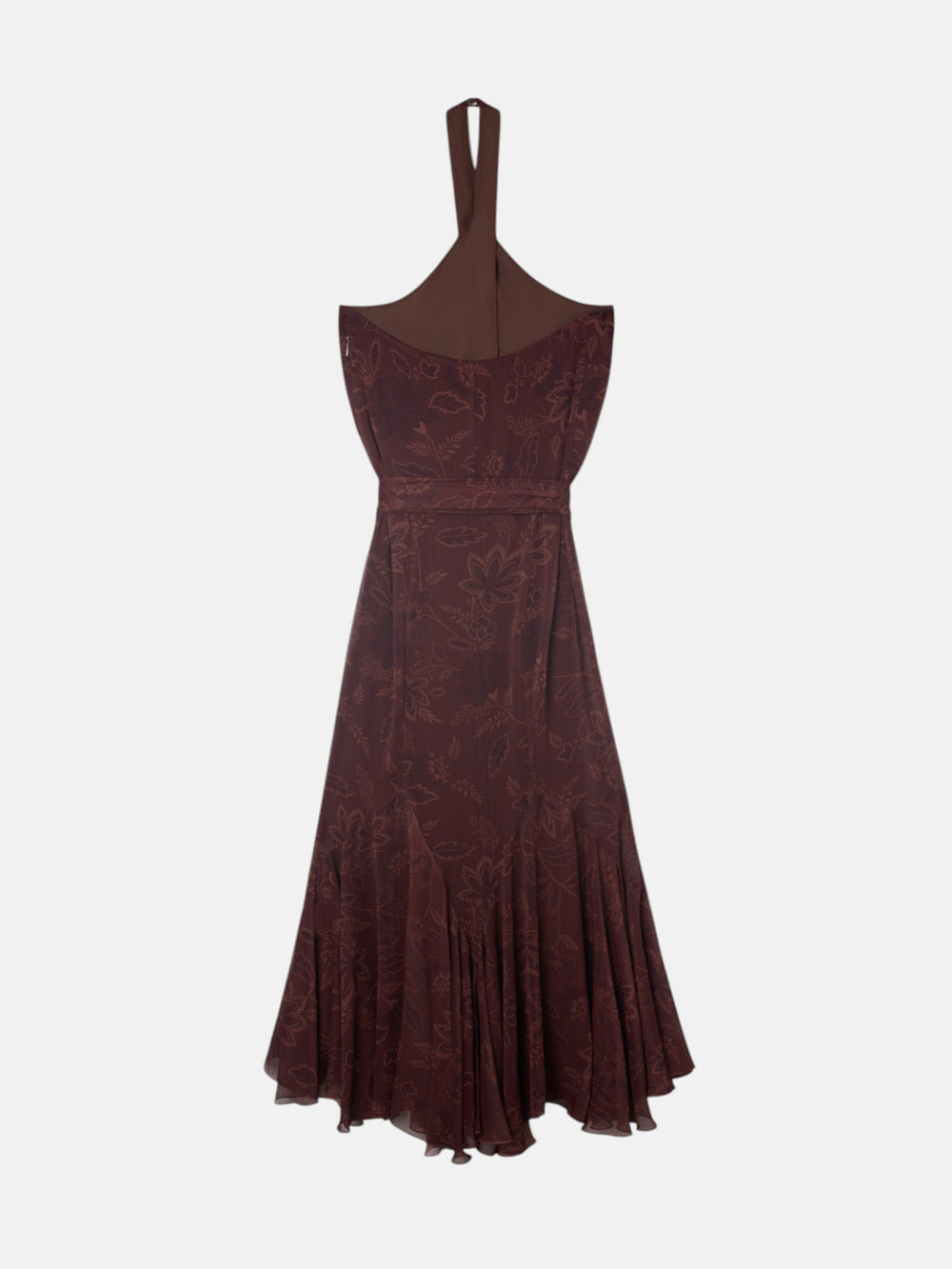 Vestido estampado castanho com decote halter