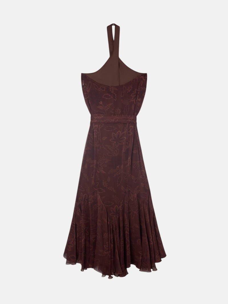Robe à col halter imprimée marron