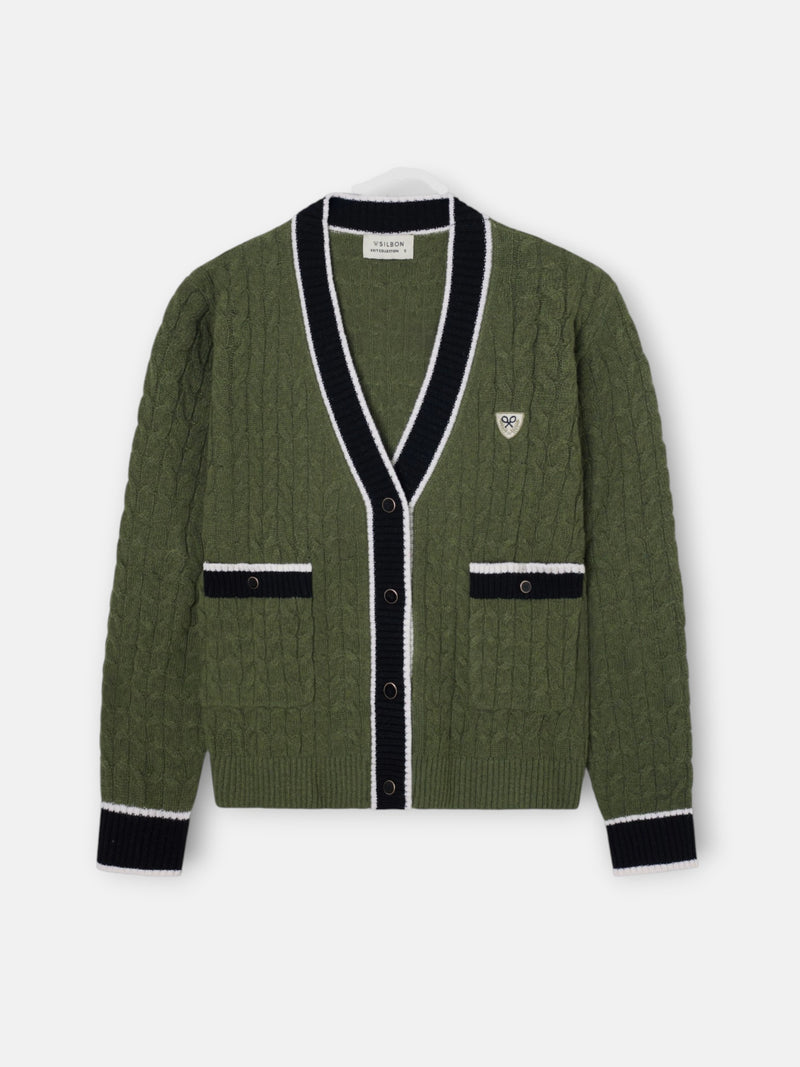 Green college crest cardigan