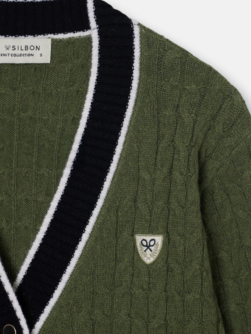 Green college crest cardigan