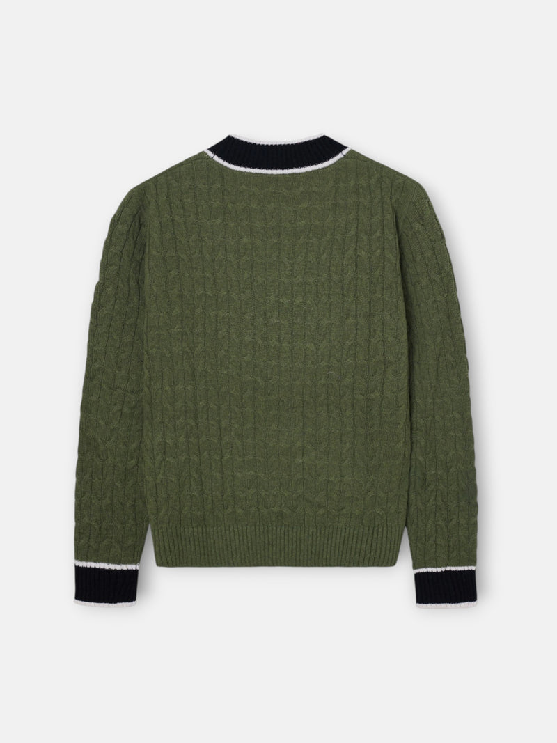 Green college crest cardigan