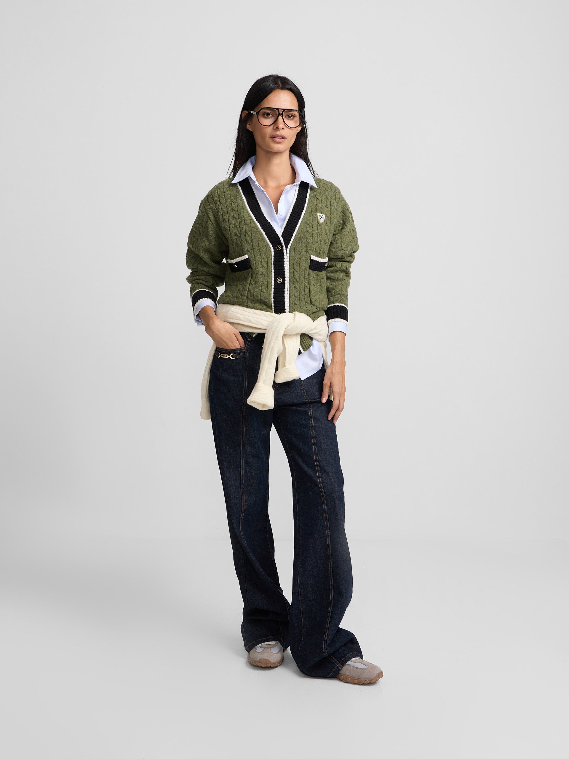 Green college crest cardigan